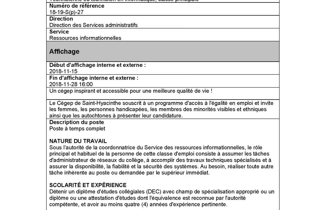 Cégep de Saint-Hyacinthe : Offre d’emploi