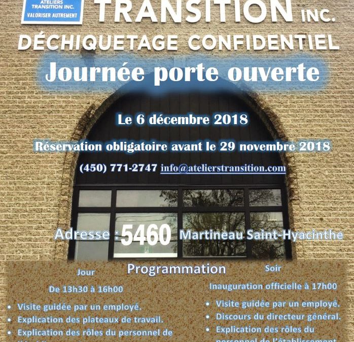 Ateliers Transition inc. : Invitation inauguration officielle et journée porte ouverte Ateliers Transition